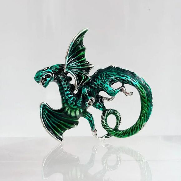 Green Enamel Flying Dragon Silver Toned Vintage Brooch Pin - Picture 2 of 10